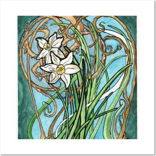 Two Daffodils and Branches Painting in Art Nouveau Style Posters and Art